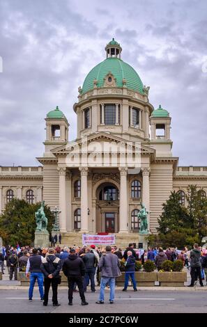 Belgrade / Serbia - March 1, 2020: Protest of Serbian army war veterans in front of the National Assembly of the Republic of Serbia in Belgrade Stock Photo