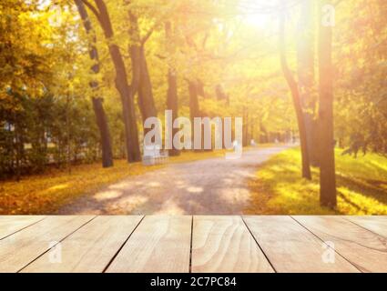 Old wooden table top with leaves falling in forest, autumn background Stock Photo