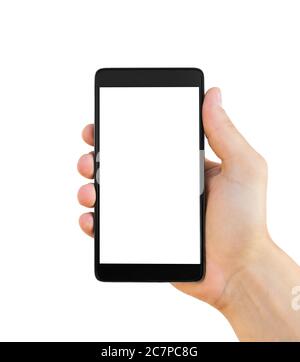 Modern smartphone in hand isolated on white background Stock Photo - Alamy