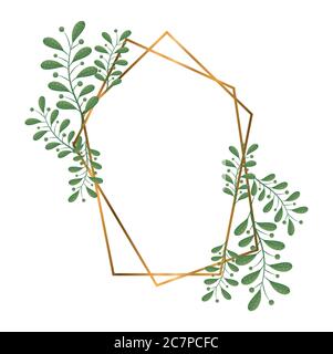 geometric polygonal frames with golden lines and leaves vector illustration design Stock Vector