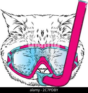 Funny cat in a mask for diving. Vector illustration. Stock Vector