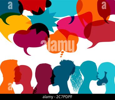 Silhouette heads people in profile whit speech bubble talking and communicating. Communication. Communicate sharing on social network. To speak Stock Vector