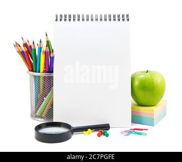 School stationery on a white, back to school background Stock Photo