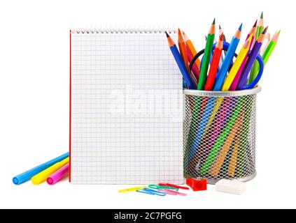 School stationery on a white, back to school background Stock Photo