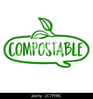Compostable - logo in speech bubble. Vector hand drawn illustration on white background. Element for labels, stickers or icons, t-shirts or mugs. heal Stock Vector