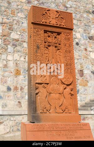 A grave marker on display at Khor Virap and surrounding vineyards a popular  monastery for tourists & visitors  in Armenia. Stock Photo
