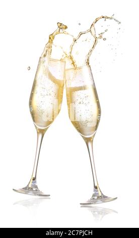 Clinking glasses of champagne with splash on white background Stock Photo
