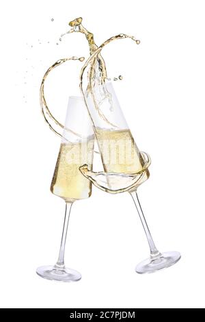 Clinking glasses of champagne with splash on white background Stock Photo