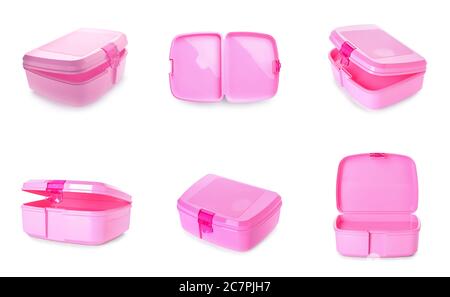 Plastic lunch boxes on white background Stock Photo