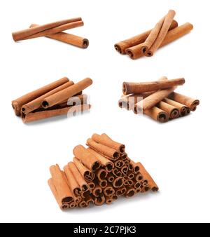 Aromatic cinnamon sticks on white background Stock Photo