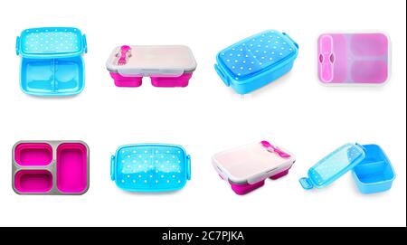 Plastic lunch boxes on white background Stock Photo