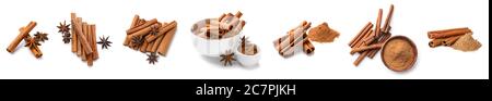 Set of aromatic cinnamon sticks and powder on white background Stock Photo