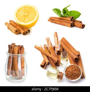 Set of cinnamon sticks on white background Stock Photo