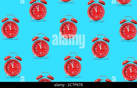 Many red alarm clocks on color background Stock Photo