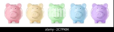 Colorful piggy banks on white background Stock Photo