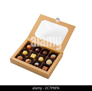 Box with delicious candies on white background Stock Photo