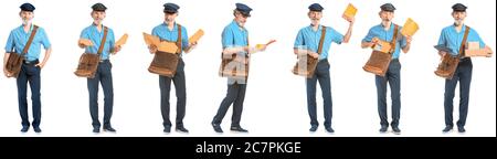 Handsome old postman on white background Stock Photo