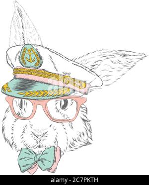 Funny rabbit in the captain's cap. Vector illustration. Stock Vector