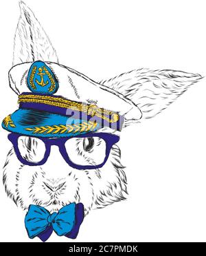 Funny rabbit in the captain's cap. Vector illustration. Stock Vector