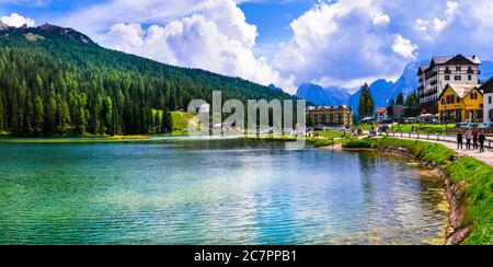 Wonderful scenery of mountain lake Lago di Misurina in Dolomites Alps, Belluno province. 27.08.2019 Stock Photo
