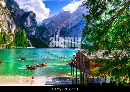 Breathtaking Alpine scenery, Dolomites mountains. Lake Lago di Braies. South Tyrol, Italy.  27.08.2019
