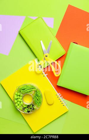 School supplies on color background Stock Photo