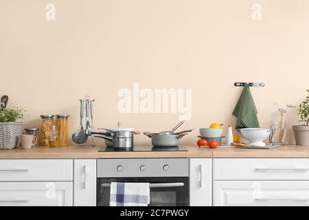 Set of utensils on kitchen counter Stock Photo