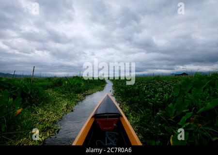 first person view of boating on Inle lake in Myanmar. Waterway between floating green plants. Overcast clouds sky Stock Photo