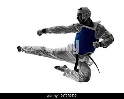 one caucasian man practicing Taekwondo  in studio  isolated on white background Stock Photo