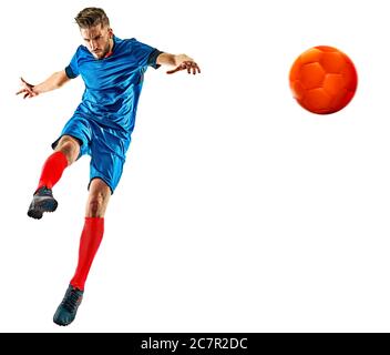 one caucasian youg soccer player man standing in studio isolated on white background Stock Photo