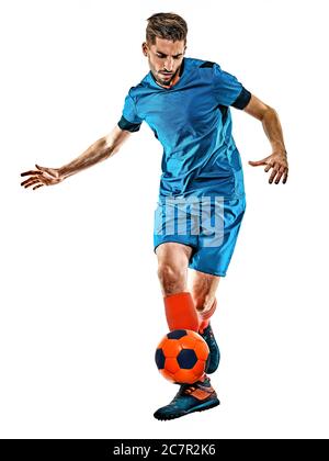 one caucasian youg soccer player man standing in studio isolated on white background Stock Photo