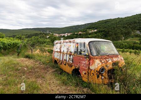 Historic van in field near Hrastovlje, Slovenia Stock Photo