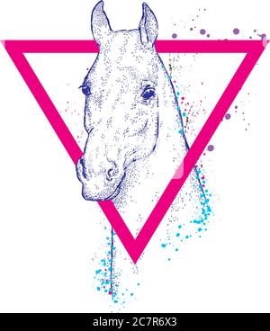 Beautiful horse in a wreath. A horse with a triangle. Vector illustration for greeting card, poster, or print on clothes. Fashion & Style. Hipster. Ha Stock Vector