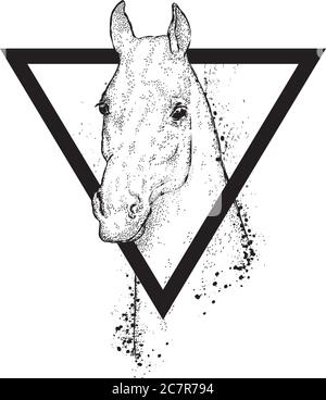 Beautiful horse in a wreath. A horse with a triangle. Vector illustration for greeting card, poster, or print on clothes. Fashion & Style. Hipster. Ha Stock Vector