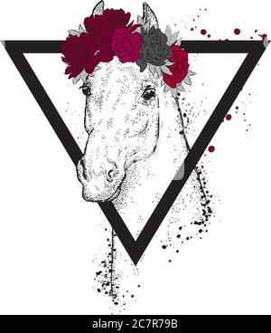 Beautiful horse in a wreath. A horse with a triangle. Vector illustration for greeting card, poster, or print on clothes. Fashion & Style. Hipster. Ha Stock Vector
