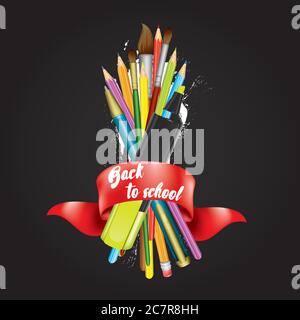 A set of school supplies. Ready design "Back to school." Vector illustration with pencils, ruler, scissors and eraser, pen and brushes for drawing. Mu Stock Vector