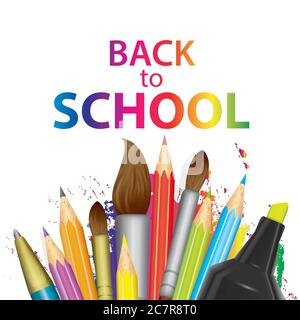 A set of school supplies. Ready design "Back to school." Vector illustration with pencils, ruler, scissors and eraser, pen and brushes for drawing. Mu Stock Vector
