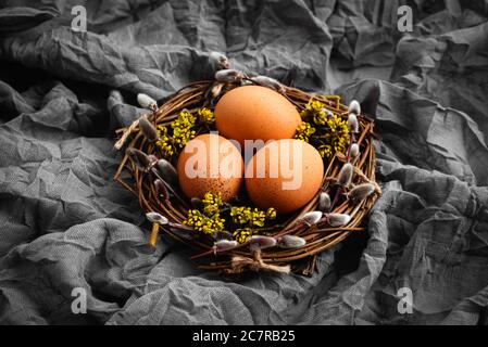 Three chicken eggs in bird's nest made from natural materials decorated with spring twigs and flowers on gray background from draped fabric Stock Photo