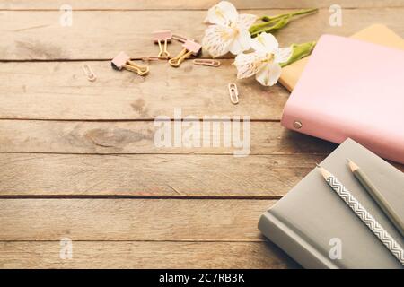 Office supplies on wooden background Stock Photo
