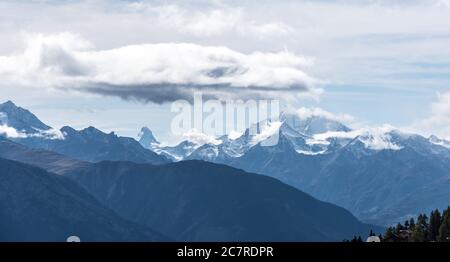 Panoramic view at Matterhorn from Bettmeralp, Wallis in the swiss alps in Switzerland, Western Europe Stock Photo