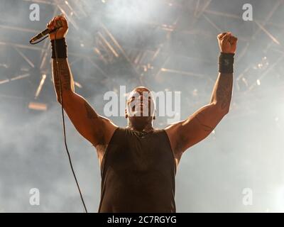 Bergamo, Italy - August 04, 2018: The Brazilian heavy metal group SEPULTURA performs at METAL FOR EMERGENCY in Filagosto Festival of Filago (BG). Bram Stock Photo