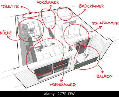 Perspective cut away diagram of a one bedroom apartment completely furnished with red hand drawn room definitions over it IN GERMAN LANGUAGE Stock Vector