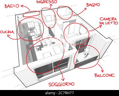 Perspective cut away diagram of a one bedroom apartment completely furnished with red hand drawn room definitions over it  IN ITALIAN LANGUAGE Stock Vector