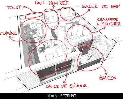 Perspective cut away diagram of a one bedroom apartment completely furnished with red hand drawn room definitions over it IN FRENCH LANGUAGE Stock Vector