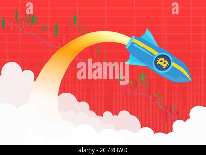 Bitcoin rocket crash flying down. Cryptocurrency red sell market falling down vector illustration Stock Vector