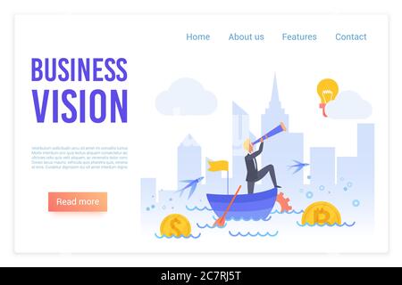 Business vision flat vector landing page template. Businessman with telescope in boat swimming in sea of financial opportunities metaphor. Searching for innovative ideas website page design layout Stock Vector