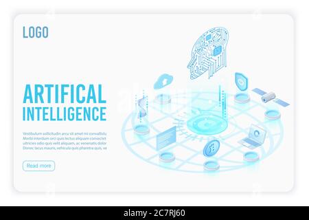 Artificial intelligence landing page isometric vector template. Head with circuit board 3d illustration. Futuristic innovation, cloud computing server. Datacenter, database website homepage 3d layout Stock Vector