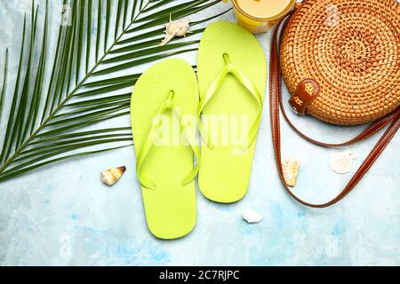 Set of beach accessories on color background Stock Photo