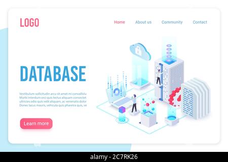 Database landing page isometric vector template. Internet of things, data server storage 3d web banner. Wireless technologies, telecommunication. Cloud computing service website homepage layout Stock Vector