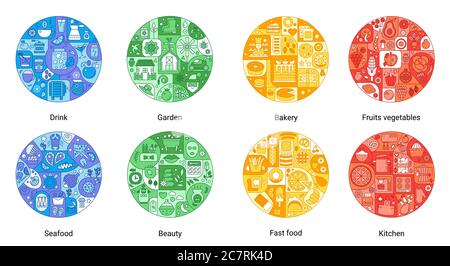 Round color flat line concept of bakery, drink, beauty, fast food, kitchen, seafood, fruits vegetables, garden icons. Vintage stroke vector icons set for cover, emblem, badge, flyers and posters Stock Vector